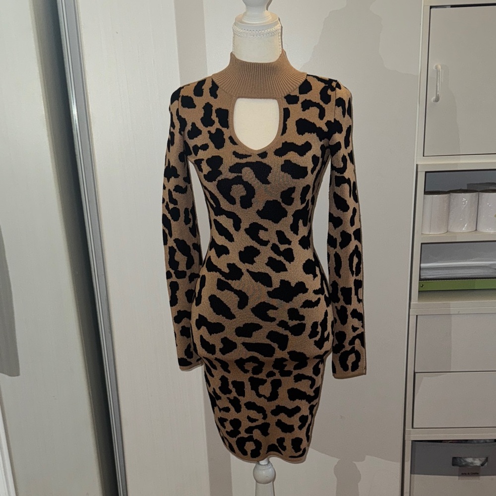 Tan and Black Animal Print Long Sleeve Keyhole Tight Sexy Sweater Dress